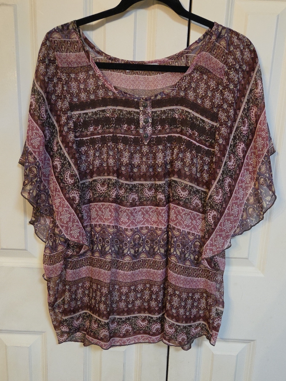 Maurices Mauve and Brown Boho Flutter Sleeve Blouse